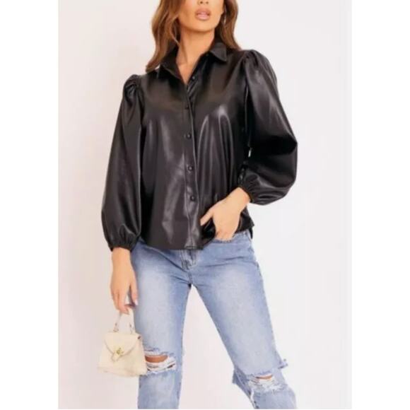 Marc New York Andrew Marc Black Vegan Leather Snap Shirt Puff Sleeves Plus 2X - Picture 4 of 10